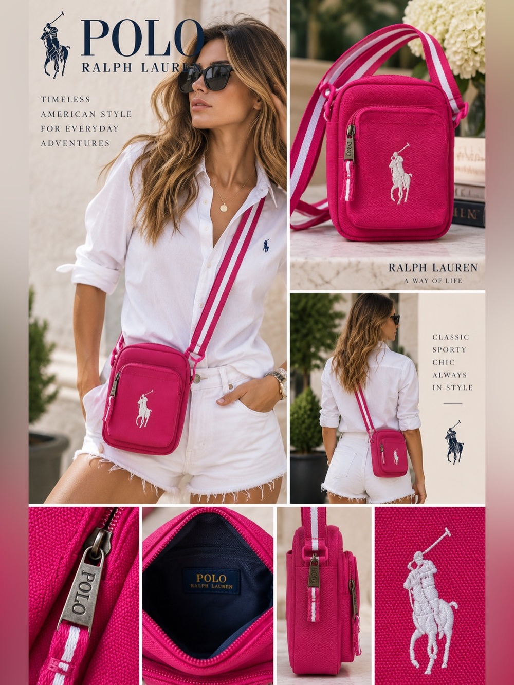 Polo Ralph Lauren Pink Big Pony Crossbody Bag Striped Strap Y2K